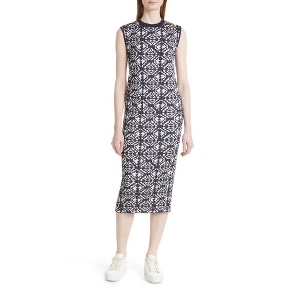 Hugo Boss Feyre's Geo Pattern Ribbed Sheath Dress in Midnight Fantasy - Picture 16 of 16